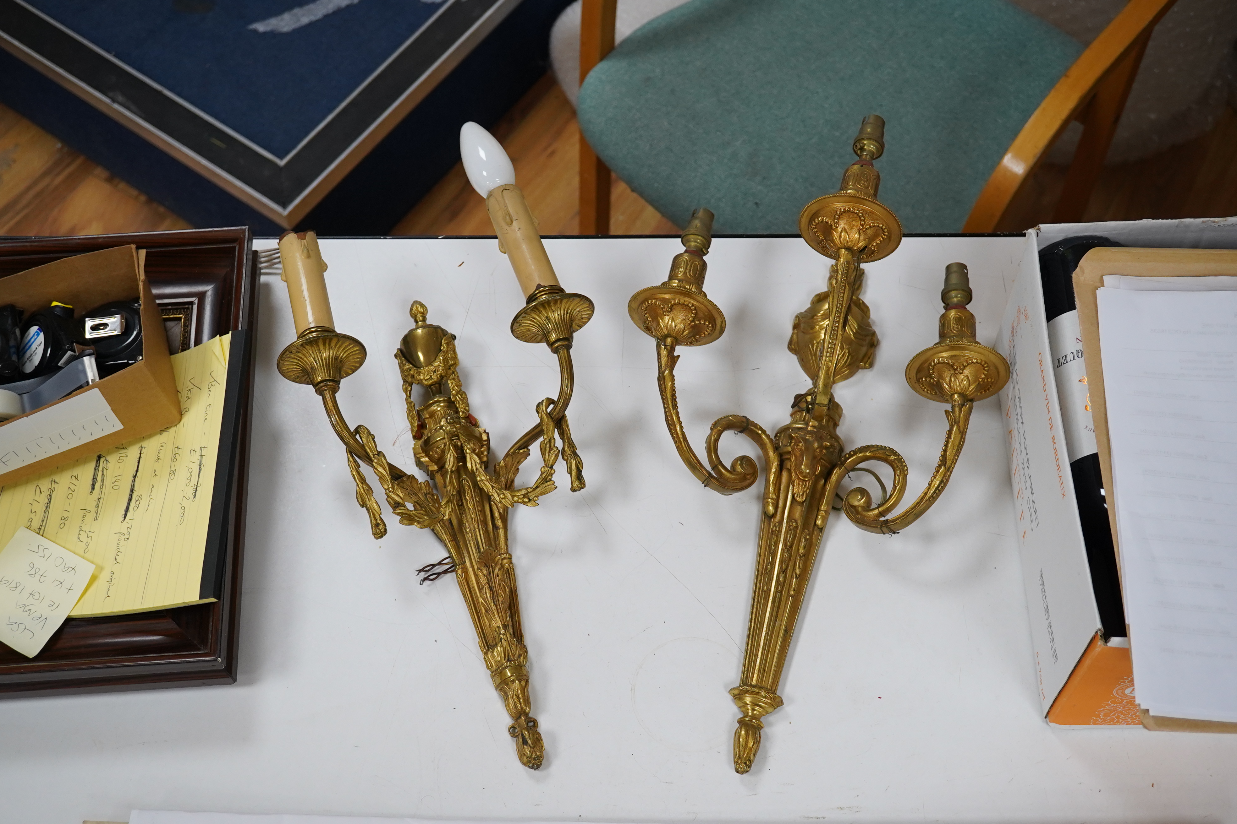 Two early 20th century ormolu wall sconces, largest 44cm. Condition - fair to good